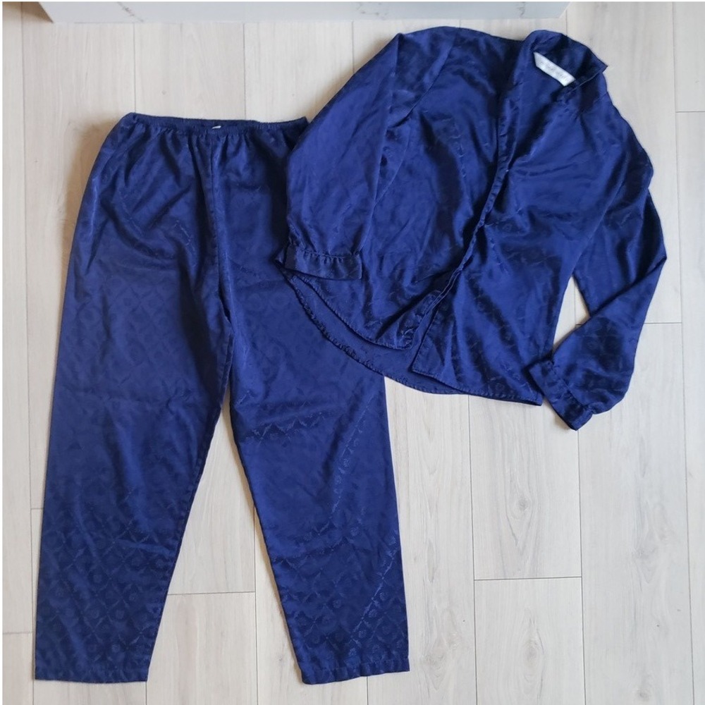 Victoria's Secret Pajama Set Womens S Blue Jacquard Satin‎ Loungewear Sleepwear